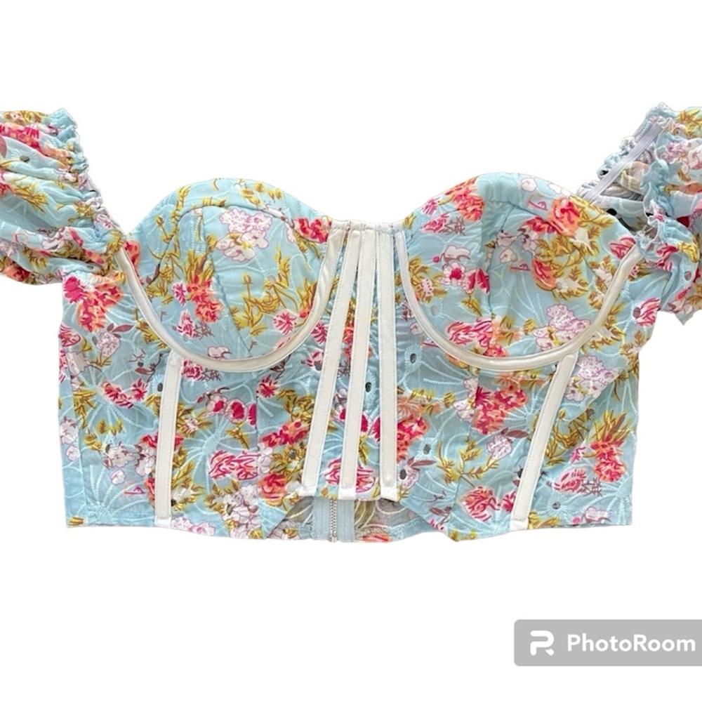 FASHION NOVA Floral Corset Top Cap Sleeve Pastel Spring LARGE